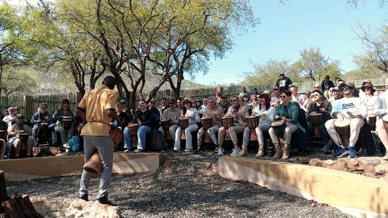 A big group at the boma for interactive drumming