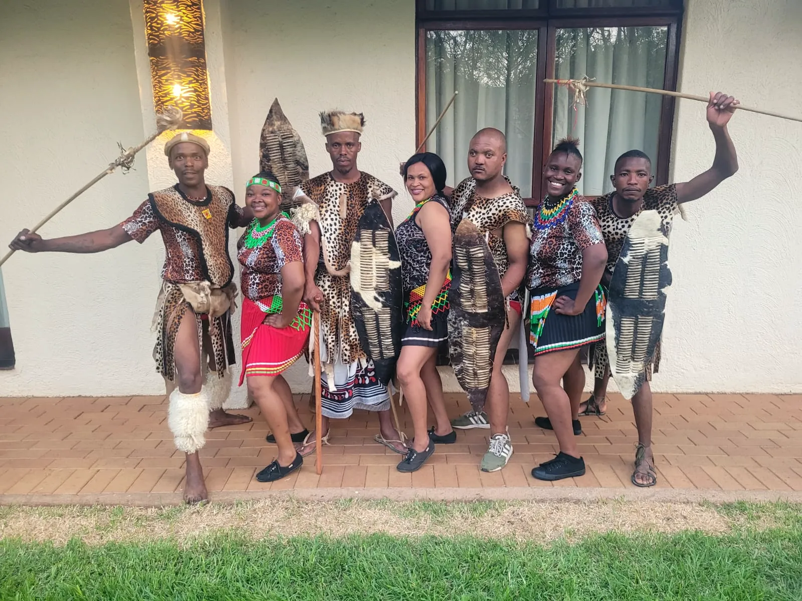 A traditional dance troupe in beadwork and skins