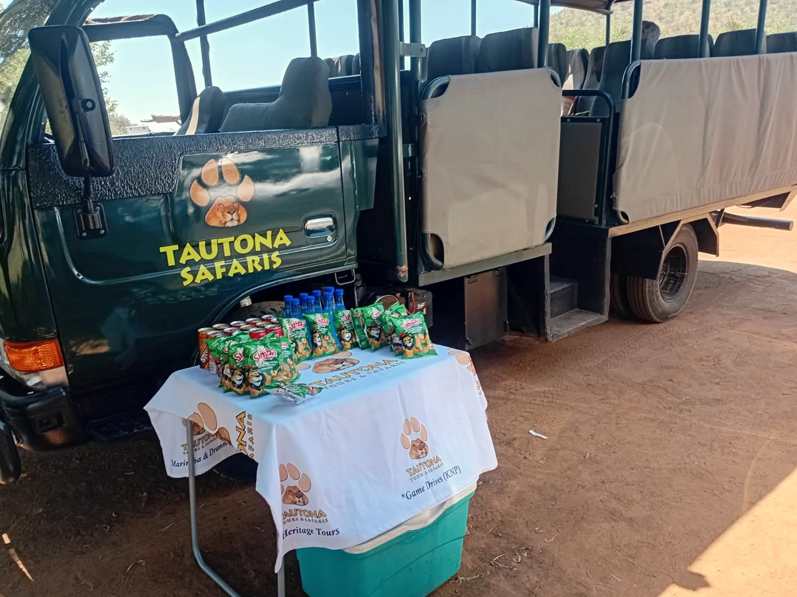 Safari truck with refreshments set up